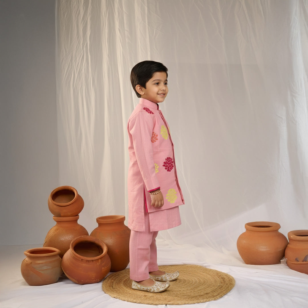 Pink Kurta Embroidered Jacket Pant Set