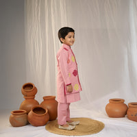 Pink Kurta Embroidered Jacket Pant Set