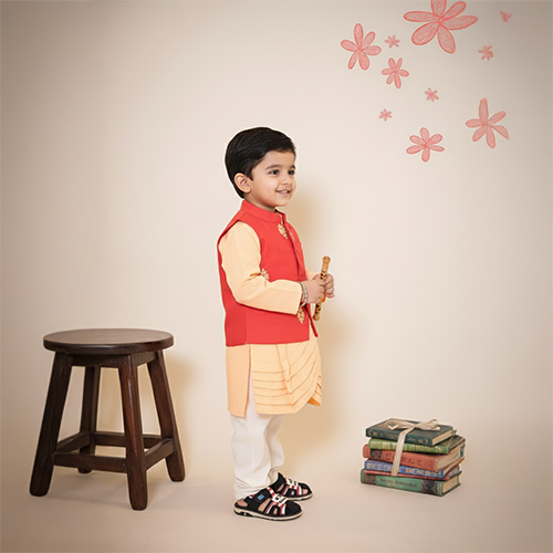 Peach Asymmetrical Kurta with Red Jacket Pant Set