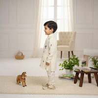 Floral Thread Embroidered off White Kurta Pant Set