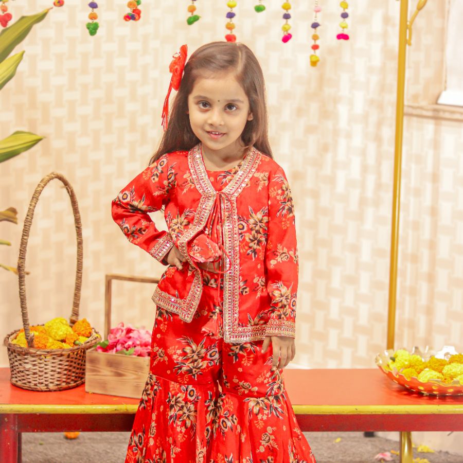 Red Floral Printed Top With Tie Up Jacket and Sharara