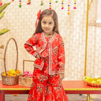 Red Floral Printed Top With Tie Up Jacket and Sharara