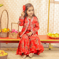 Red Floral Printed Top With Tie Up Jacket and Sharara