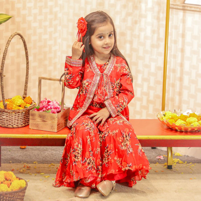 Red Floral Printed Top With Tie Up Jacket and Sharara