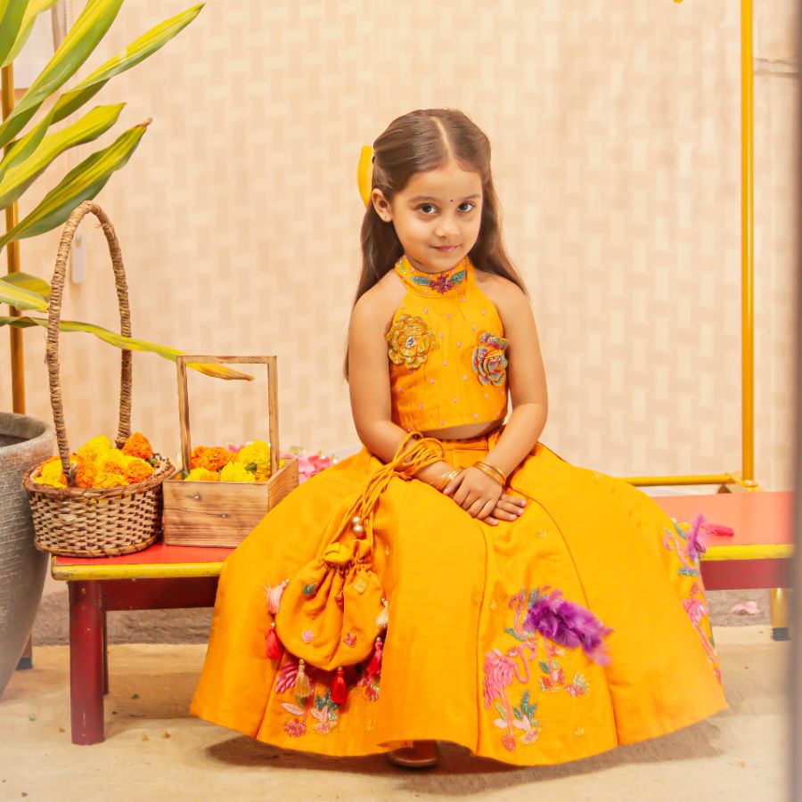 Orange Halter Neck Top and Flamingo Embroidered Lehenga