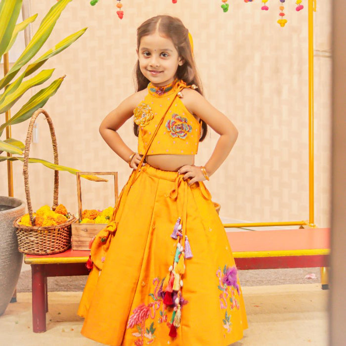 Orange Halter Neck Top and Flamingo Embroidered Lehenga