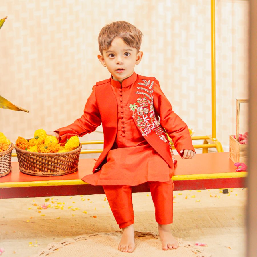 Red Kurta Pant with Embroidered Front Open Jacket