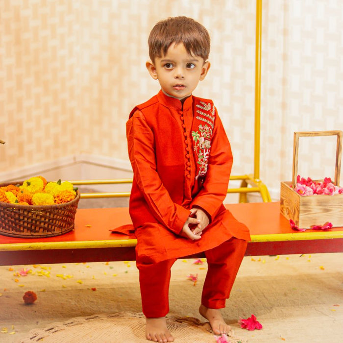 Red Kurta Pant with Embroidered Front Open Jacket