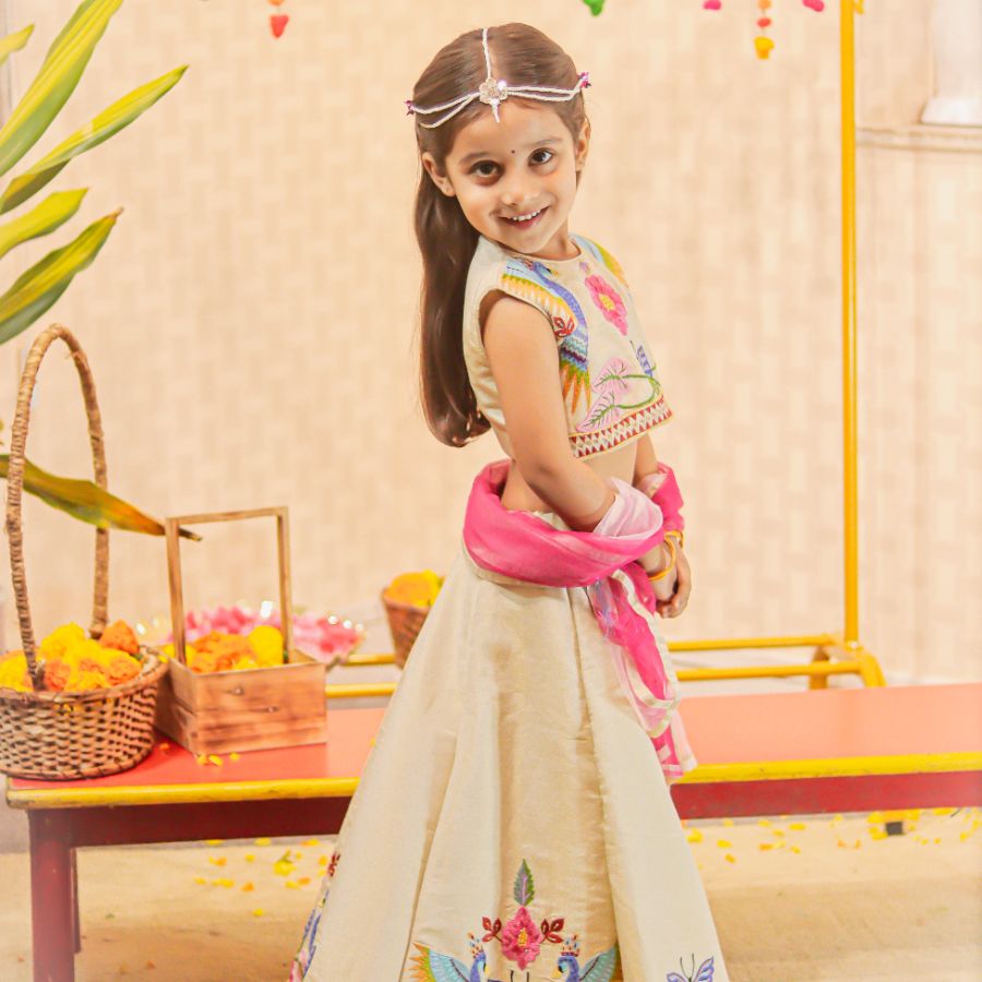 Cream Heavy Peacock Embroidered Top and Lehenga With Dupatta