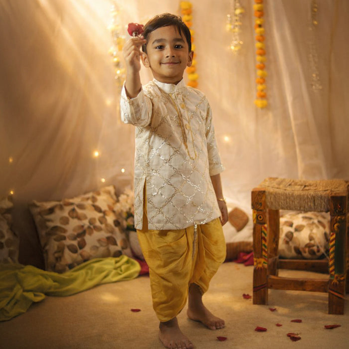 White Gotta Detailed Kurta With Yellow Dhoti Pants
