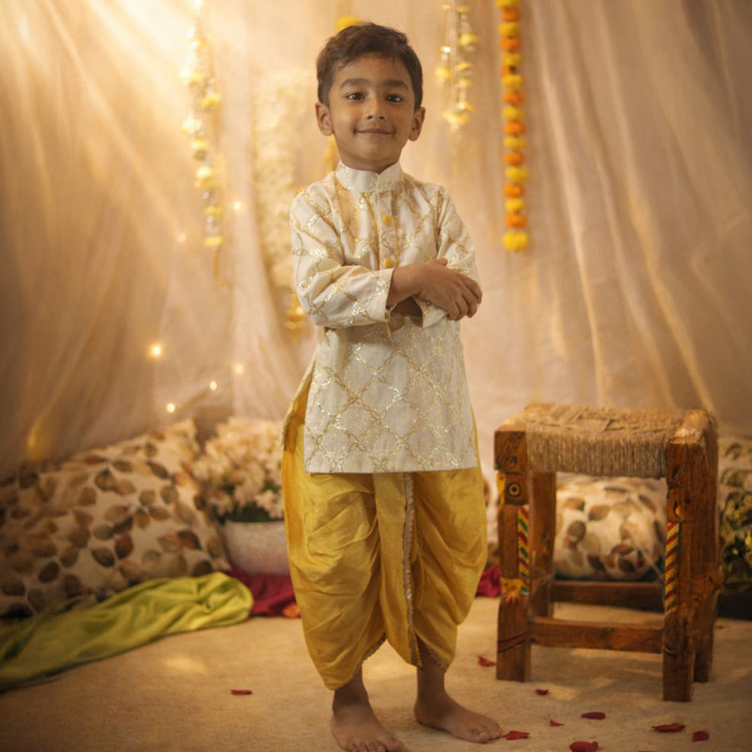 White Gotta Detailed Kurta With Yellow Dhoti Pants