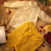 White Gotta Detailed Kurta With Yellow Dhoti Pants