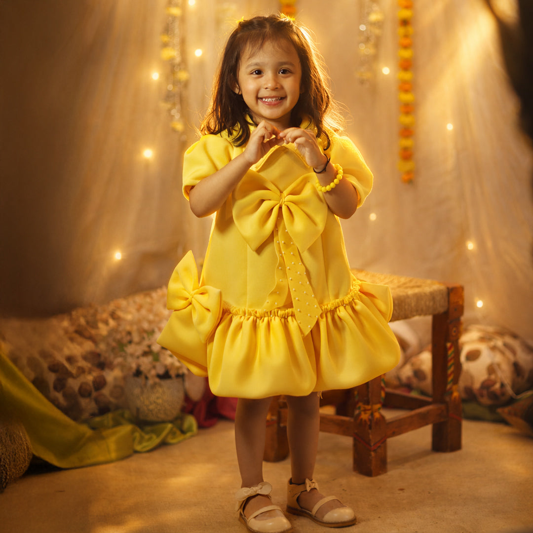 Yellow Scuba Frock With Bow At Centre