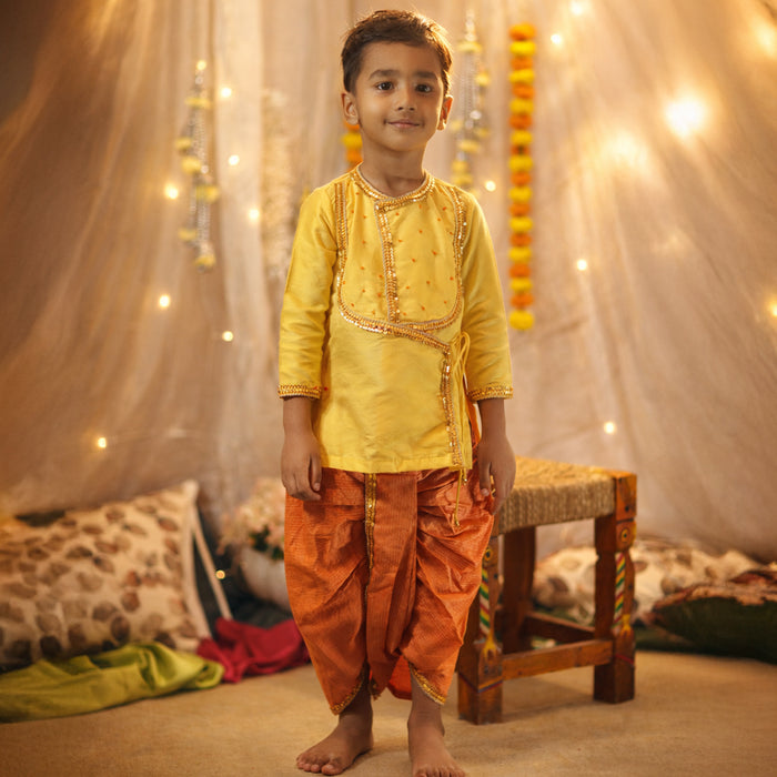 Yellow Angarkha Style Kurta with Orange Dhoti
