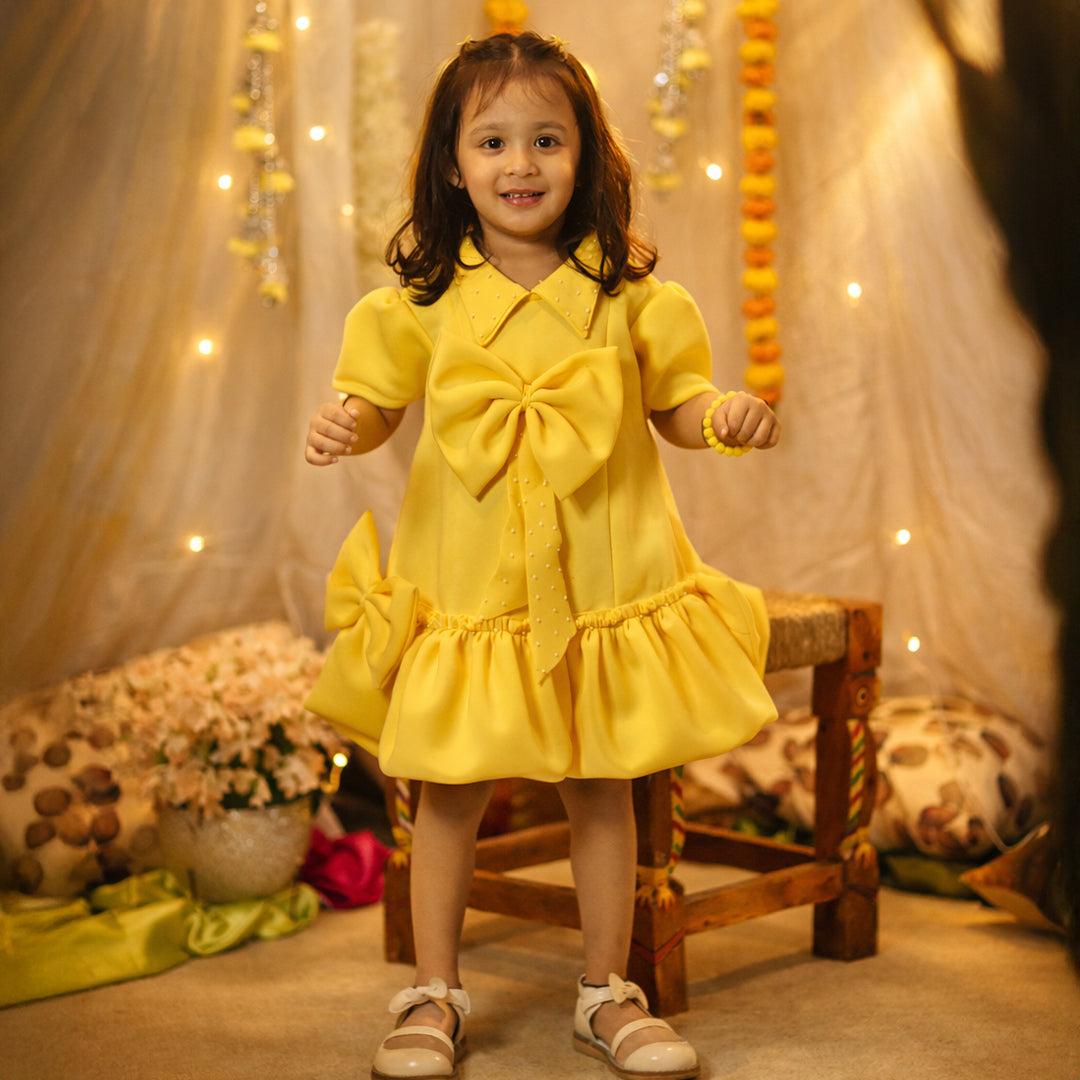 Yellow Scuba Frock With Bow At Centre