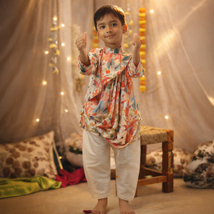 White Printed Cowl Style Kurta Set