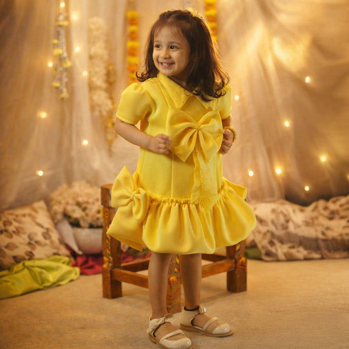 Yellow Scuba Frock With Bow At Centre