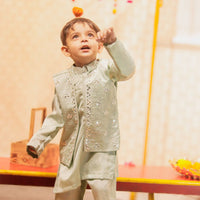 Blue Kurta with Mirror Embroidered Jacket with Same Pants