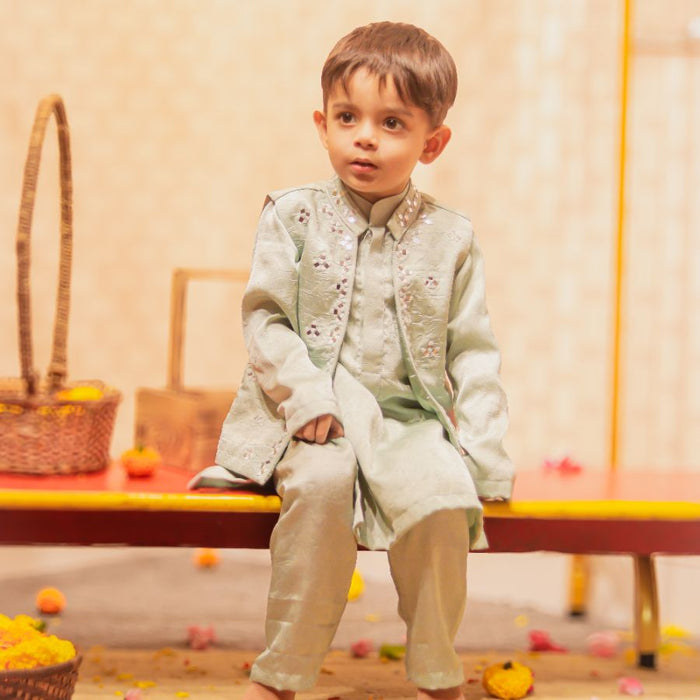 Blue Kurta with Mirror Embroidered Jacket with Same Pants