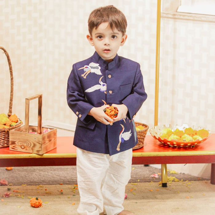 Blue Bird Embroidered Bandgala With Off White Pyjama