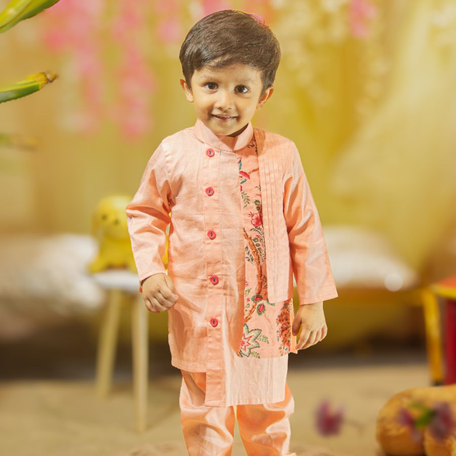 PEACH STYLISH PLEATED FLAP KURTA SET