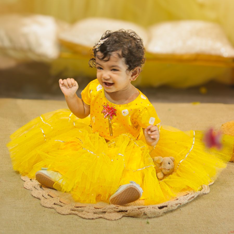 YELLOW EMBROIDERED TOP AND RUFFLED LEHENGA