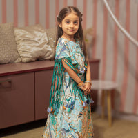 BLUE EMBELLISHED FABRIC  TOP LEHENGA WITH TASSELS