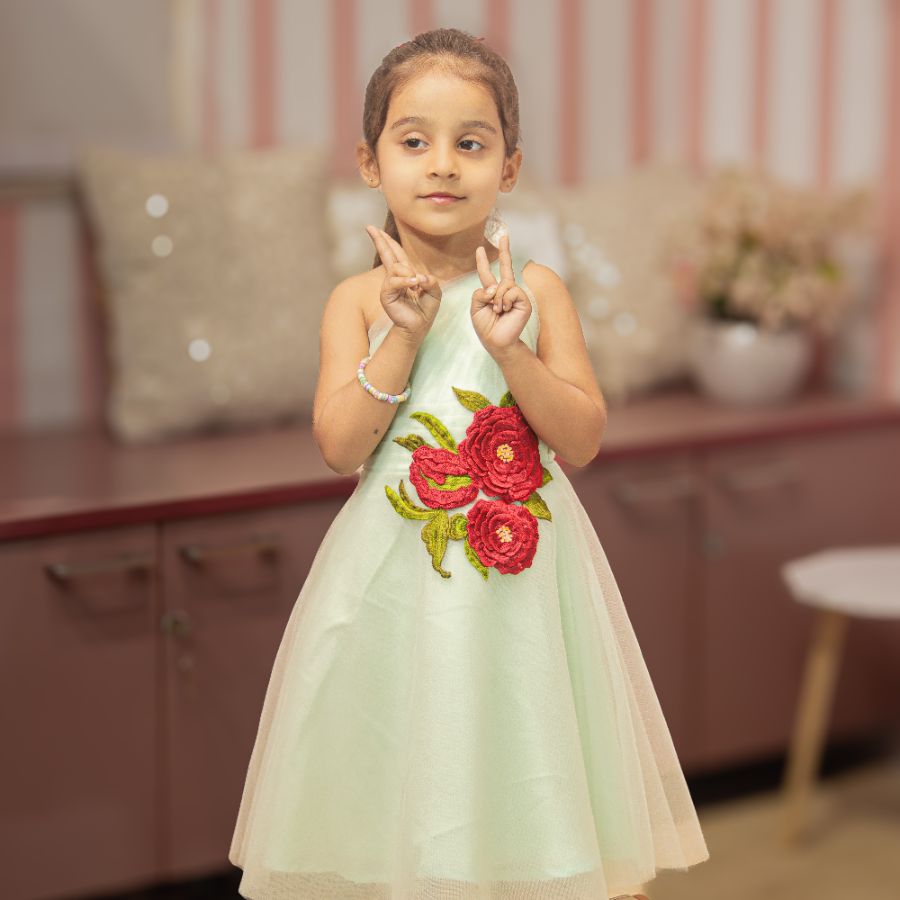 GREEN FLOWER PATCH EMBROIDERED FROCK