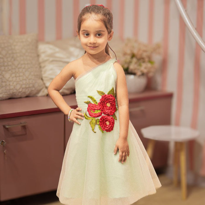 GREEN FLOWER PATCH EMBROIDERED FROCK