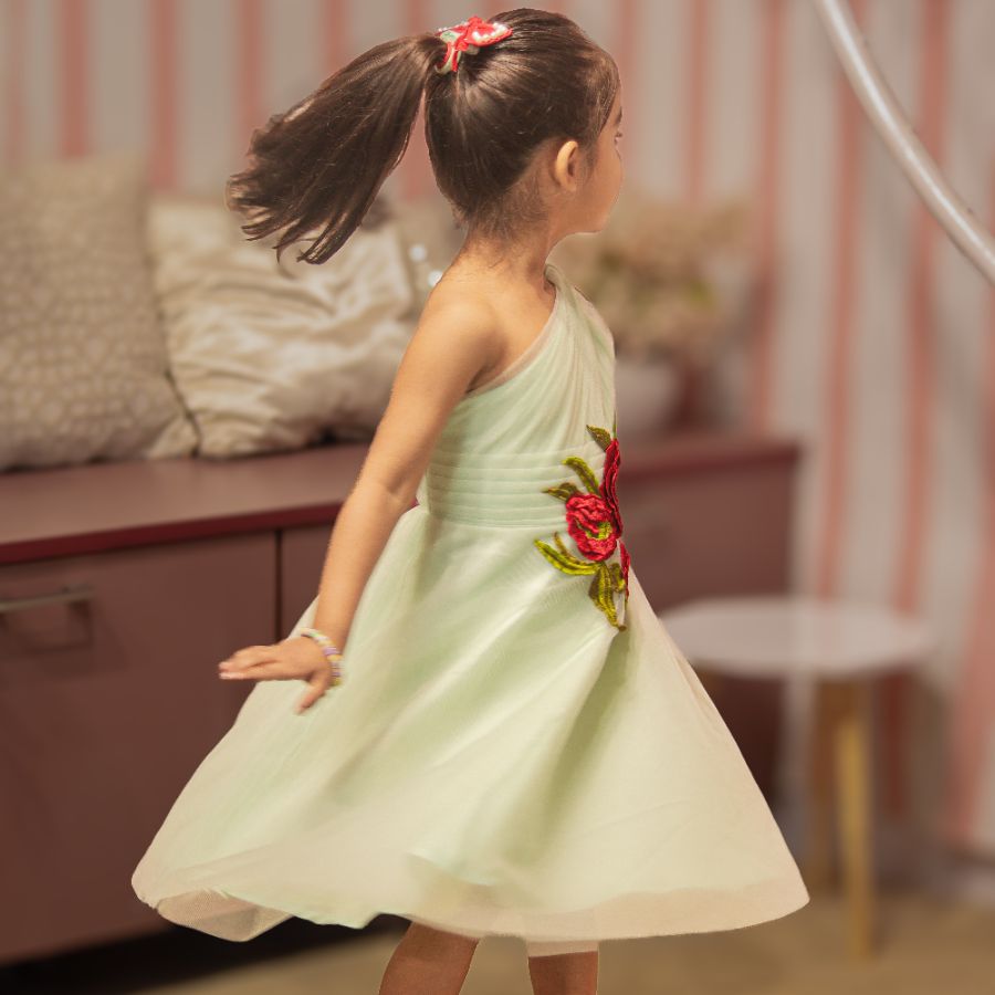 GREEN FLOWER PATCH EMBROIDERED FROCK