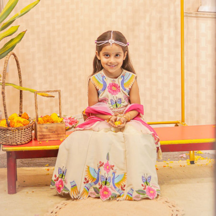 Cream Heavy Peacock Embroidered Top and Lehenga With Dupatta