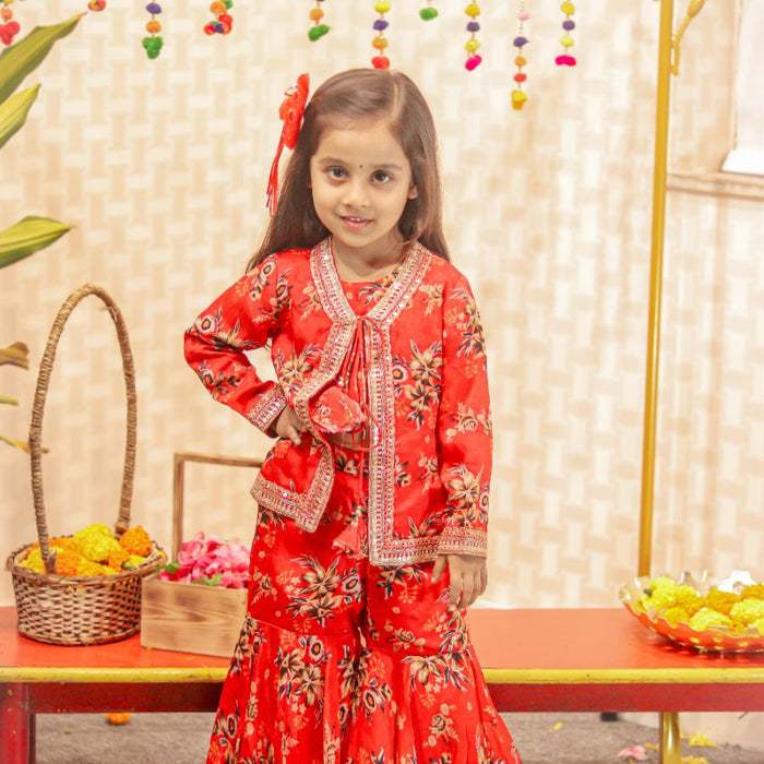 Red Printed Sleeveless Kurti with Matching Pants