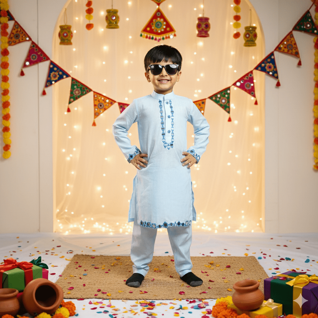 Blue Mirror Work Embroidery Kurta Set